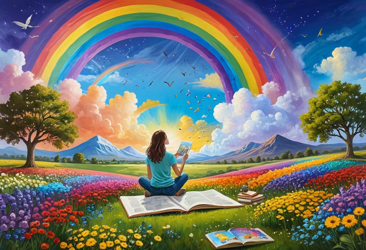 A whimsical landscape bursting with colorful ideas, featuring a person joyfully painting a giant canvas under a rainbow sky, surrounded by floating light bulbs representing creativity. The scene includes vibrant flowers, books, and art supplies scattered around, symbolizing the essence of blogging. evoking a sense of inspiration and freedom. vibrant colors. painting.