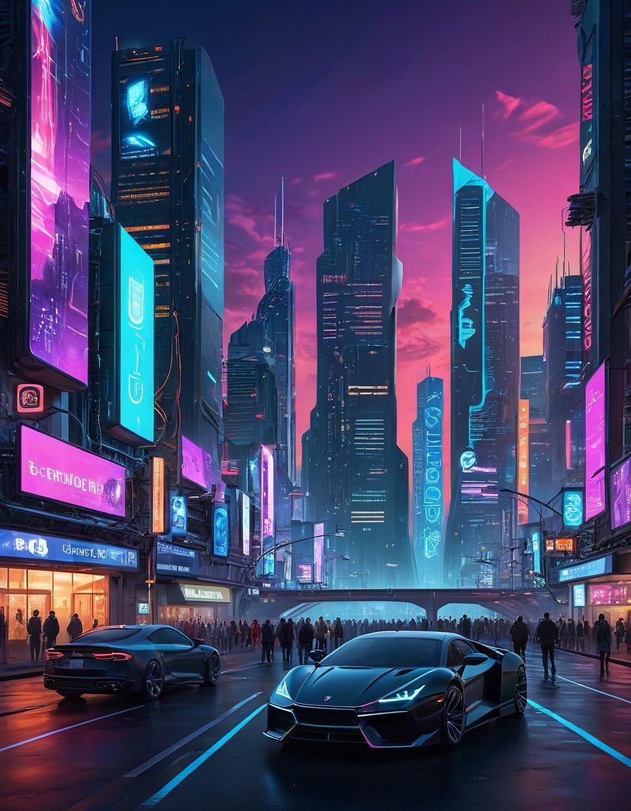 A futuristic cityscape blending a personal blog interface with glowing tech innovations, featuring people interacting with holographic screens while navigating a digital map. The skyline is dotted with colorful tech symbols like gears and circuits, and the atmosphere is vibrant and dynamic. Ultra-modern architecture under a twilight sky adds depth to the scene. super-realistic. vibrant colors. cyberpunk.