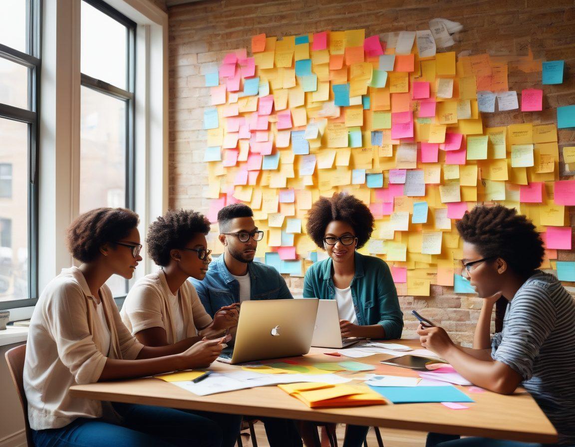A dynamic scene depicting a diverse group of modern bloggers gathered around a large, colorful brainstorming board filled with sticky notes and creative sketches. Each blogger has unique laptops and devices, showcasing diverse ethnicities and styles. Bright light filtering through a window creates an inspiring atmosphere, symbolizing creativity and collaboration. A variety of writing tools and coffee cups scattered around, emphasizing the blogging process. super-realistic. vibrant colors. digital art.